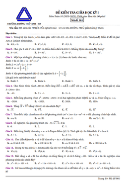 đề thi giữa học kỳ 1 toán 10 năm 2020 – 2021 trường lương thế vinh – hà nội