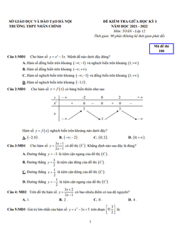 đề thi giữa học kỳ 1 toán 12 năm 2021 – 2022 trường thpt nhân chính – hà nội