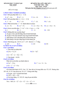 đề thi giữa học kỳ 1 toán 8 năm 2021 – 2022 sở gd&đt bắc ninh