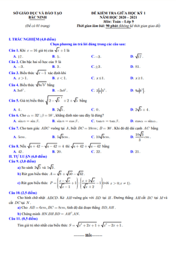 đề thi giữa học kỳ 1 toán 9 năm 2020 – 2021 sở gd&đt bắc ninh