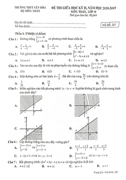 đề thi giữa học kỳ 2 toán 10 năm 2018 – 2019 trường thpt yên hòa – hà nội
