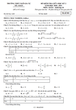 đề thi giữa học kỳ 2 toán 10 năm 2020 – 2021 trường thpt ngô gia tự – đắk lắk