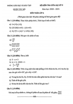 đề thi giữa học kỳ 2 toán 6 năm 2020 – 2021 phòng gd&đt tây hồ – hà nội