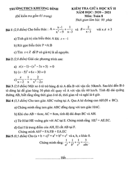 đề thi giữa học kỳ 2 toán 8 năm 2020 – 2021 trường thcs khương đình – hà nội