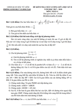đề thi giữa học kỳ 2 toán 9 năm 2017 – 2018 phòng gd&đt bắc từ liêm – hà nội