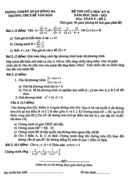 đề thi giữa học kỳ 2 toán 9 năm 2020 – 2021 trường bế văn đàn – hà nội