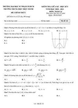 đề thi giữa kì 1 toán 12 năm 2020 – 2021 trường trung học thực hành đhsp – tp hcm