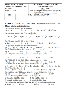đề thi giữa kì 1 toán 8 năm 2020 – 2021 trường thcs phan bội châu – quảng nam