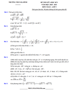 đề thi giữa kì 1 toán 9 năm 2020 – 2021 trường thcs ba đình – hà nội