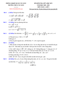 đề thi giữa kì 1 toán 9 năm 2020 – 2021 trường thcs cầu giấy – hà nội