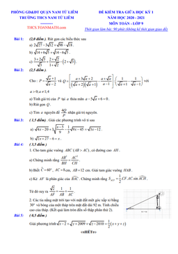 đề thi giữa kì 1 toán 9 năm 2020 – 2021 trường thcs nam từ liêm – hà nội