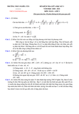 đề thi giữa kì 1 toán 9 năm 2020 – 2021 trường thcs nghĩa tân – hà nội