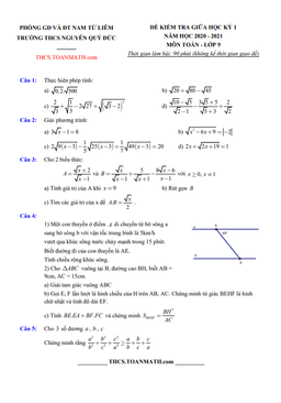 đề thi giữa kì 1 toán 9 năm 2020 – 2021 trường thcs nguyễn quý đức – hà nội