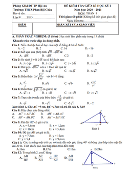 đề thi giữa kì 1 toán 9 năm 2020 – 2021 trường thcs phan bội châu – quảng nam