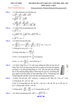 đề thi giữa kì 1 toán 9 năm 2020 – 2021 trường thcs tứ hiệp – hà nội