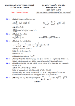 đề thi giữa kì 1 toán 9 năm 2020 – 2021 trường thcs vạn phúc – hà nội