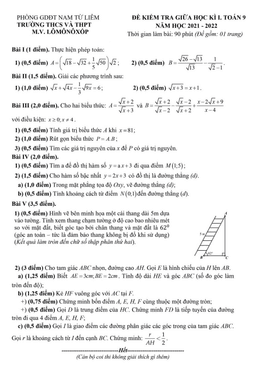 đề thi giữa kì 1 toán 9 năm 2021 – 2022 trường m.v. lômônôxốp – hà nội