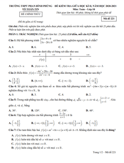 đề thi giữa kì 2 toán 10 năm 2020 – 2021 trường phan đình phùng – hà nội