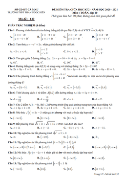 đề thi giữa kì 2 toán 10 năm 2020 – 2021 trường phan ngọc hiển – cà mau