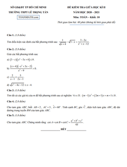 đề thi giữa kì 2 toán 10 năm 2020 – 2021 trường thpt lê trọng tấn – tp hcm