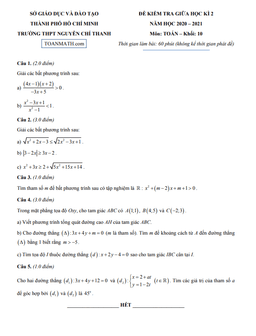 đề thi giữa kì 2 toán 10 năm 2020 – 2021 trường thpt nguyễn chí thanh – tp hcm