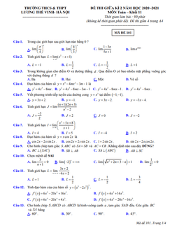đề thi giữa kì 2 toán 11 năm 2020 – 2021 trường lương thế vinh – hà nội