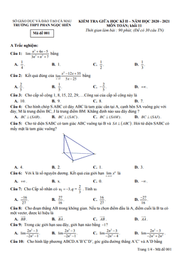 đề thi giữa kì 2 toán 11 năm 2020 – 2021 trường phan ngọc hiển – cà mau