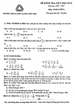 đề thi giữa kì 2 toán 6 năm 2020 – 2021 trường lương thế vinh – hà nội