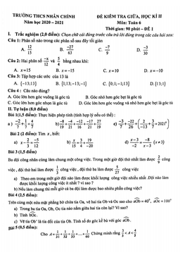 đề thi giữa kì 2 toán 6 năm 2020 – 2021 trường thcs nhân chính – hà nội