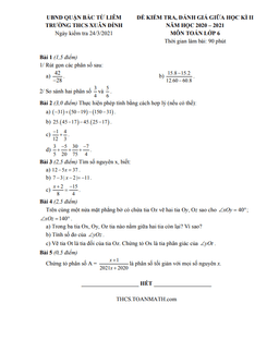 đề thi giữa kì 2 toán 6 năm 2020 – 2021 trường thcs xuân đỉnh – hà nội
