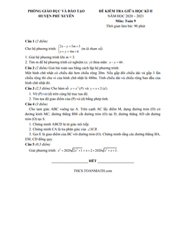 đề thi giữa kì 2 toán 9 năm 2020 – 2021 phòng gd&đt phú xuyên – hà nội