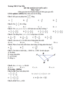 đề thi giữa kỳ 1 toán 7 năm 2020 – 2021 trường thcs văn tiến – vĩnh phúc