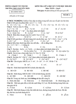 đề thi giữa kỳ 1 toán 8 năm 2020 – 2021 trường thcs nguyễn trãi – quảng nam