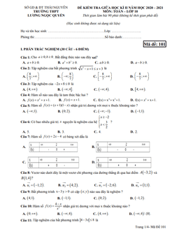 đề thi giữa kỳ 2 toán 10 năm 2020 – 2021 trường lương ngọc quyến – thái nguyên