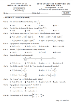 đề thi giữa kỳ 2 toán 10 năm 2021 – 2022 trường thpt thị xã quảng trị