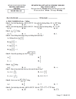 đề thi giữa kỳ 2 toán 11 năm 2020 – 2021 trường đoàn thượng – hải dương