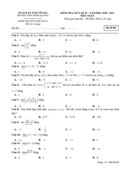 đề thi giữa kỳ 2 toán 11 năm 2020 – 2021 trường thpt hồng quang – yên bái