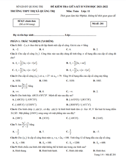 đề thi giữa kỳ 2 toán 11 năm 2021 – 2022 trường thpt thị xã quảng trị