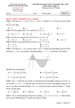 đề thi giữa kỳ 2 toán 12 năm 2021 – 2022 trường thpt hướng hóa – quảng trị
