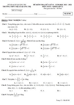 đề thi giữa kỳ 2 toán 12 năm 2021 – 2022 trường thpt thị xã quảng trị