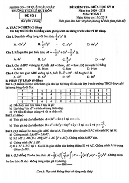 đề thi giữa kỳ 2 toán 7 năm 2020 – 2021 trường thcs lê quý đôn – hà nội