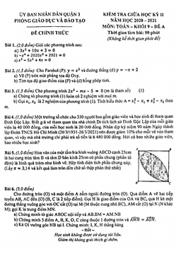đề thi giữa kỳ 2 toán 9 năm 2020 – 2021 phòng gd&đt quận 3 – tp hcm