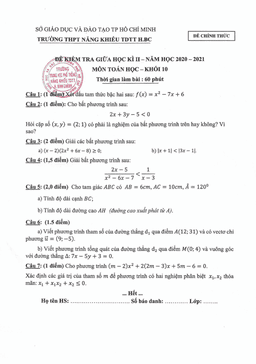 đề thi gk2 toán 10 năm 2020 – 2021 trường năng khiếu tdtt bình chánh – tp hcm
