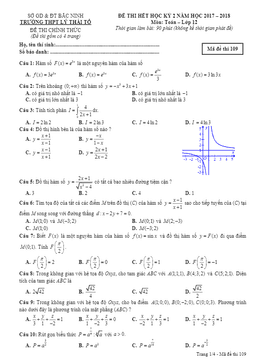 đề thi hết học kỳ 2 toán 12 năm 2017 – 2018 trường lý thái tổ – bắc ninh