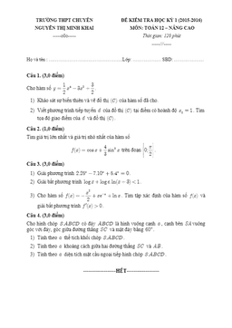 đề thi hk1 lớp 12 trường chuyên nguyễn thị minh khai – sóc trăng