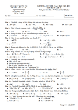 đề thi hk1 toán 10 năm 2020 – 2021 trường thpt lê lợi – quảng trị