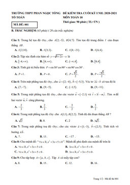 đề thi hk1 toán 10 năm 2020 – 2021 trường thpt phan ngọc tòng – bến tre