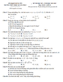 đề thi hk1 toán 10 năm 2021 – 2022 trường thpt triệu quang phục – hưng yên