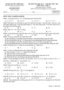 đề thi hk1 toán 11 năm 2020 – 2021 trường thpt an lương đông – tt huế