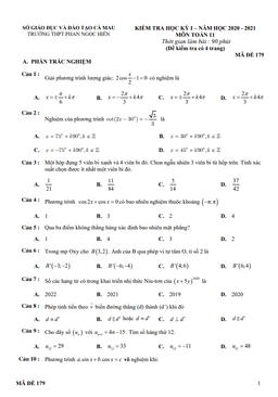 đề thi hk1 toán 11 năm 2020 – 2021 trường thpt phan ngọc hiển – cà mau